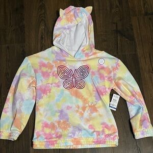 Colorful Kids Hoodie with butterfly print. Ears on hood.